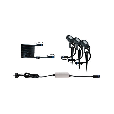 Set mit drei schwarzen LED-Gartenstrahlern, Kabel und Netzteil für Außenbeleuchtung