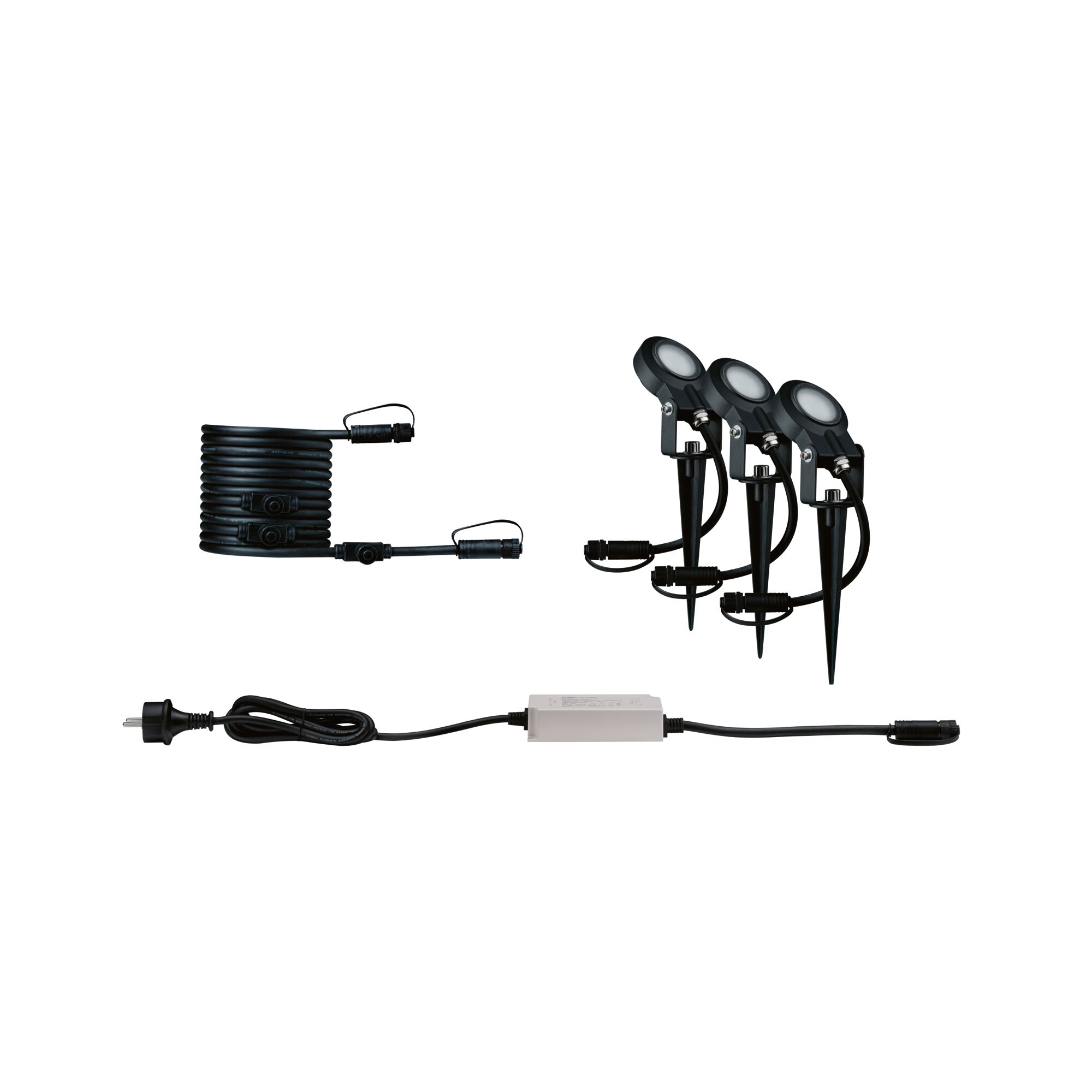 Drei schwarze LED-Gartenstrahler mit Erdspießen, Kabel und weißem Transformator für Außenbeleuchtung