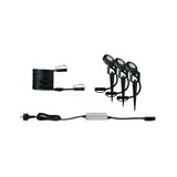 Drei schwarze LED-Gartenstrahler mit Erdspießen, Kabel und weißem Transformator für Außenbeleuchtung