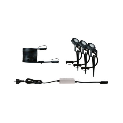 Trois projecteurs LED de jardin noirs avec piquets, câble et transformateur blanc pour éclairage extérieur