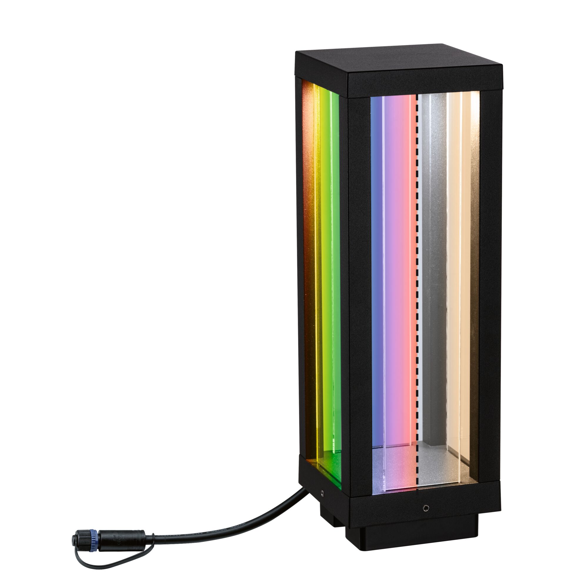 Black rectangular LED outdoor light with multicolored glass panels and cable connection for garden lighting