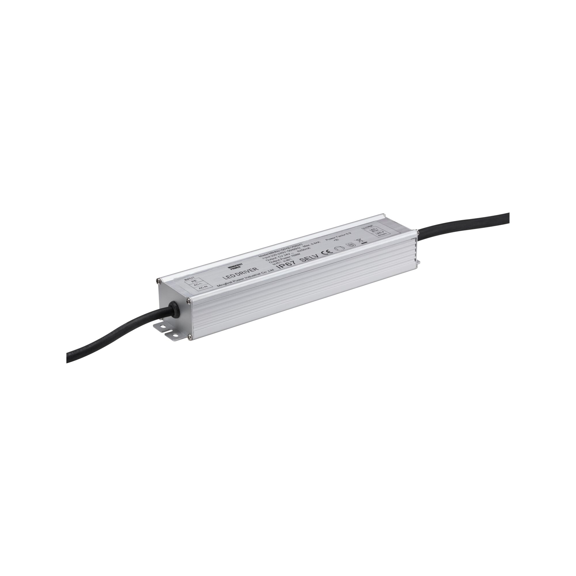 Rectangular silver aluminum LED driver with black cable, IP67 rated for LED lighting applications