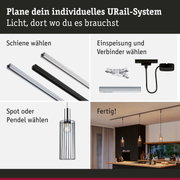 Modulares URail-Schienensystem mit schwarzen und weißen Schienen, Steckern und Pendelleuchten für individuelle Beleuchtung
