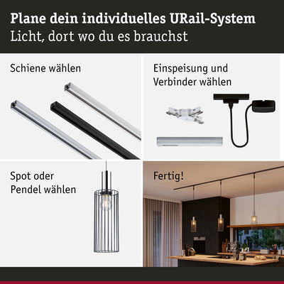 Modulares URail-Schienensystem mit schwarzen und silbernen Schienen, Verbindern und Pendelleuchte in Küche