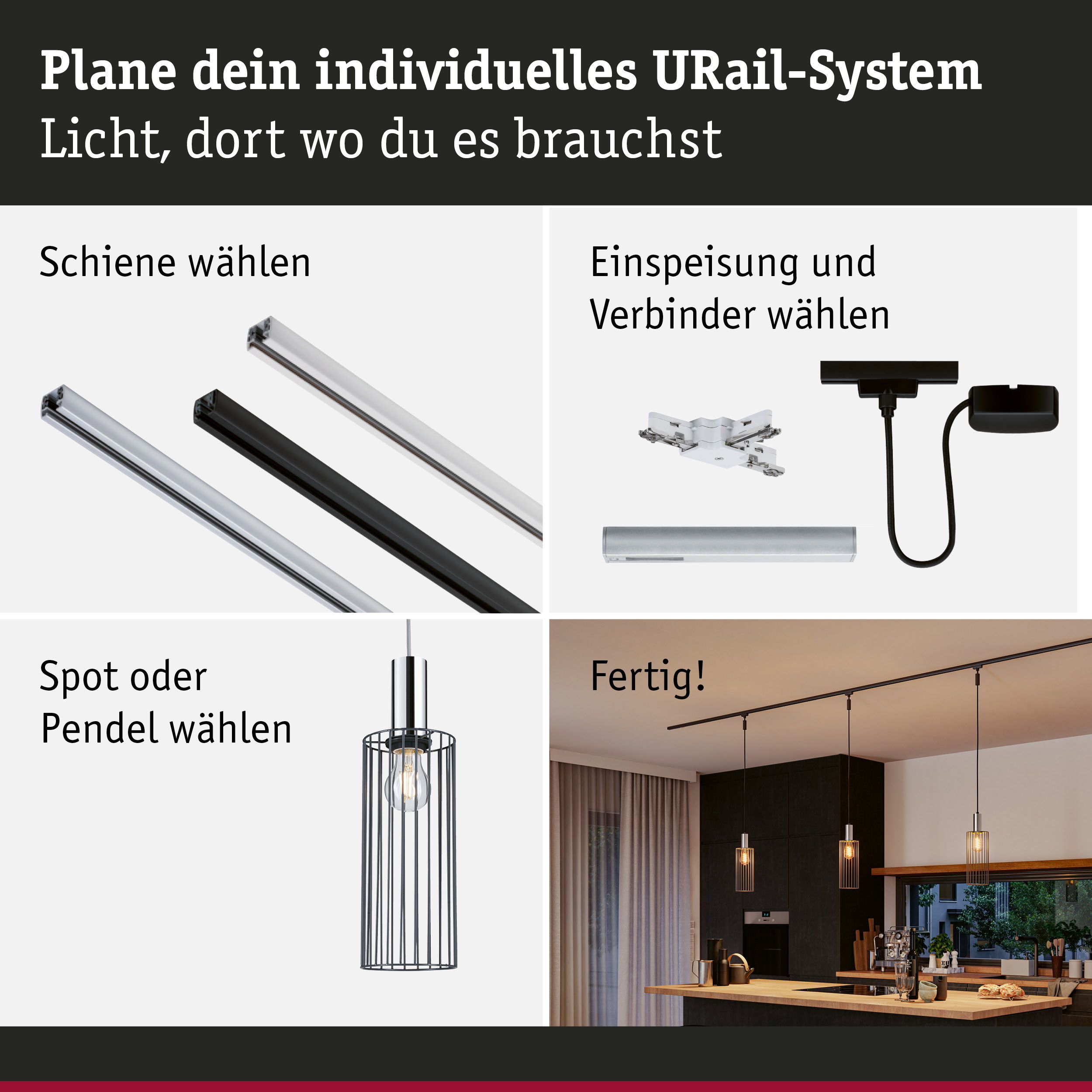 Modulares URail-Schienensystem mit schwarzen und weißen Schienen, Steckern und Pendelleuchten für individuelle Beleuchtung