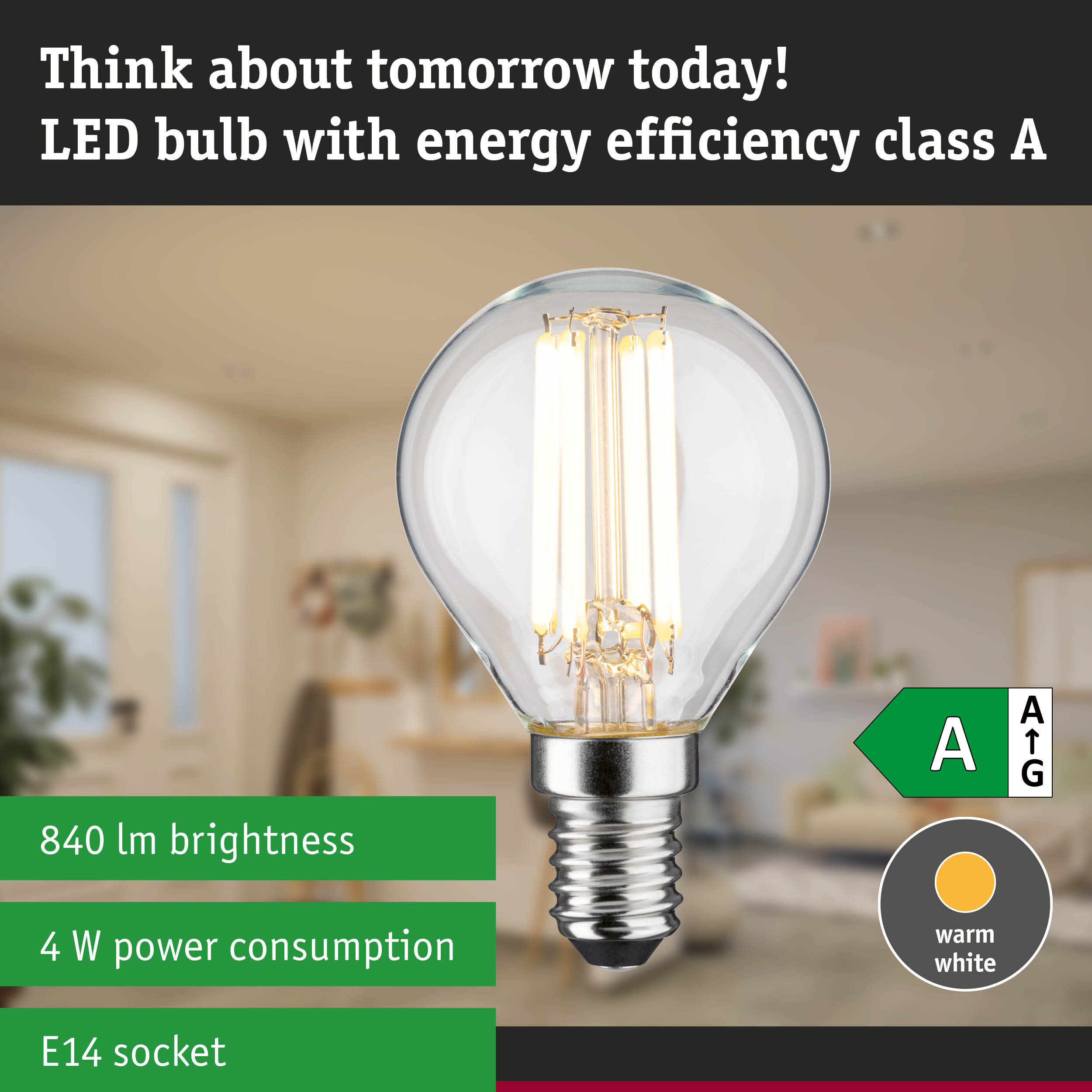 Energy-efficient LED lamp with warm white light shown against a green forest background