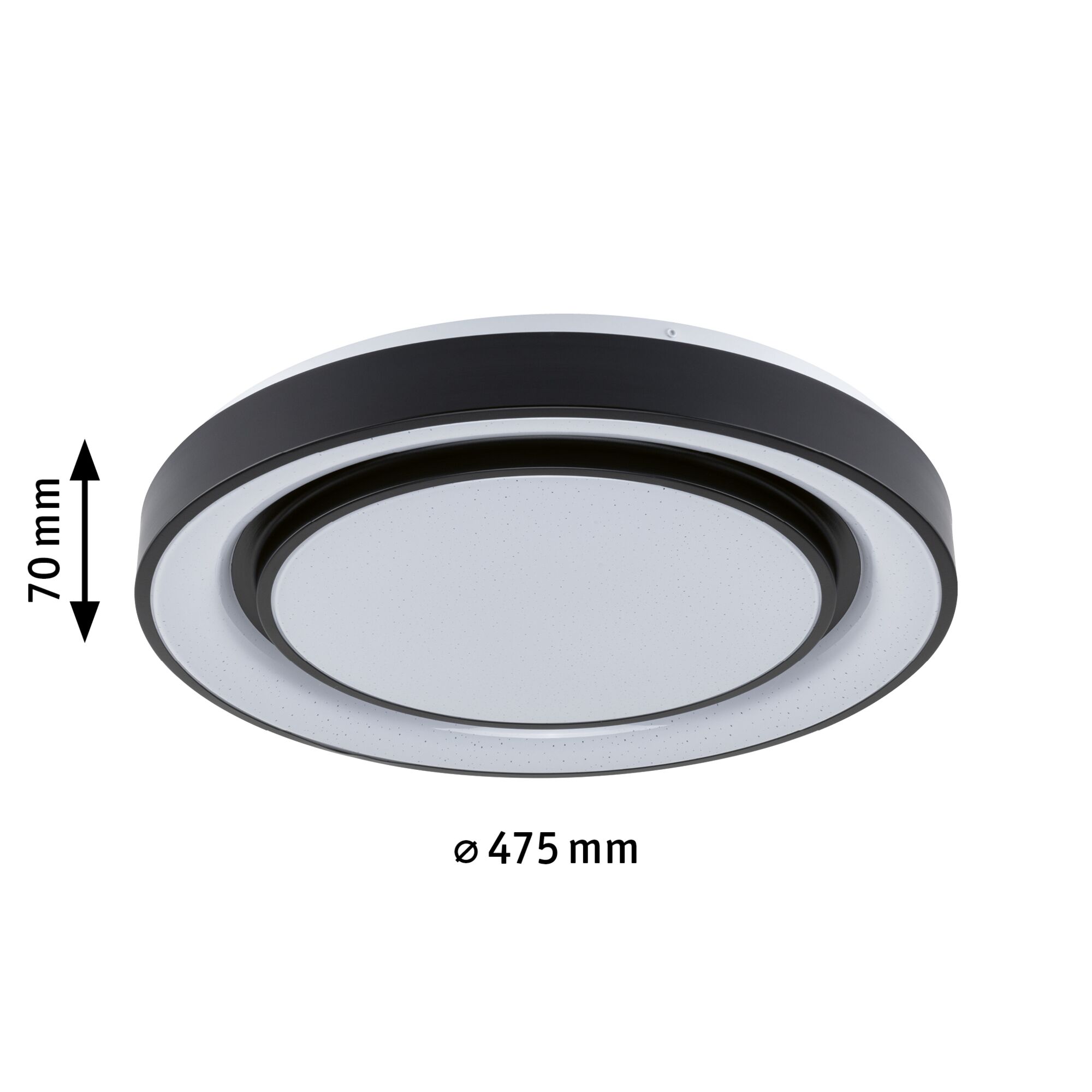 Rund LED-loftlampe i sort og hvid med 475 mm diameter og 70 mm højde til moderne rum