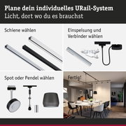 Modulares URail-Schienensystem mit weißen und schwarzen Schienen, Steckern und Pendelleuchten für flexible Beleuchtung