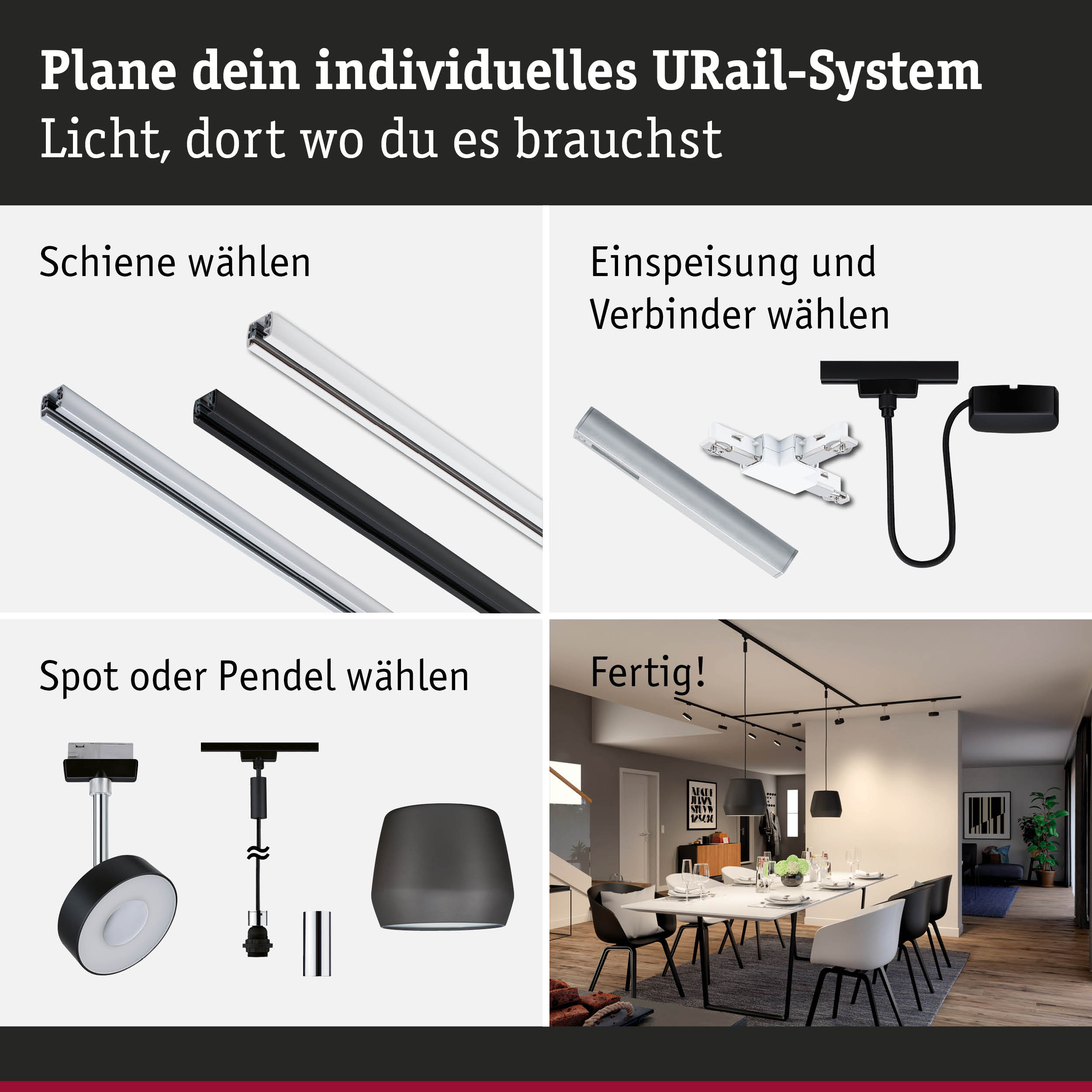 Modulares URail-Schienensystem mit weißen und schwarzen Schienen, Steckern und Pendelleuchten für flexible Beleuchtung