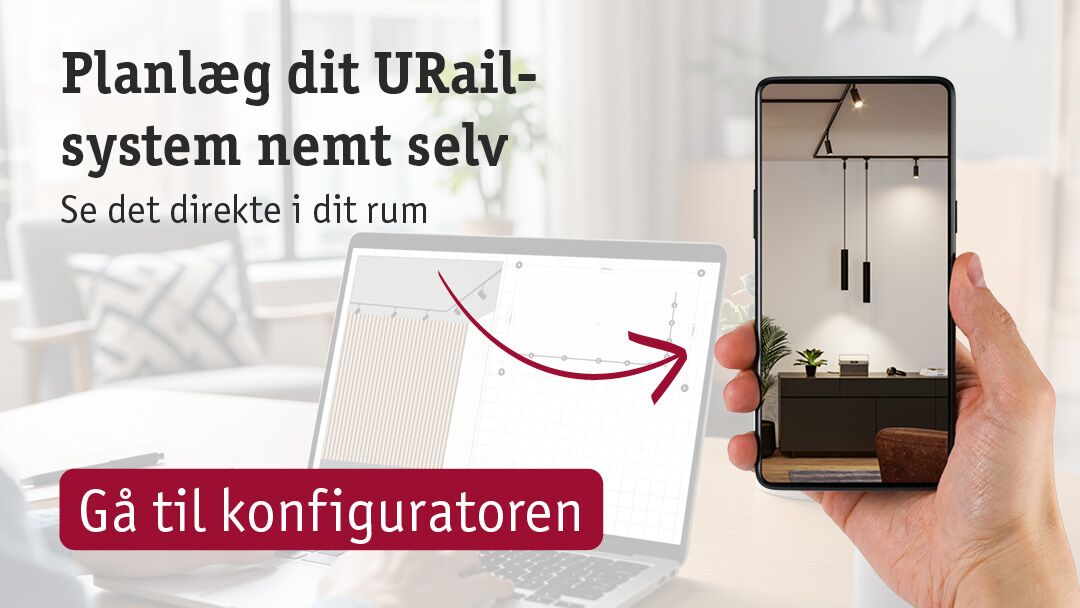 Hånd holder smartphone med URail-belysning i moderne rum, bærbar viser URail systemkonfigurator