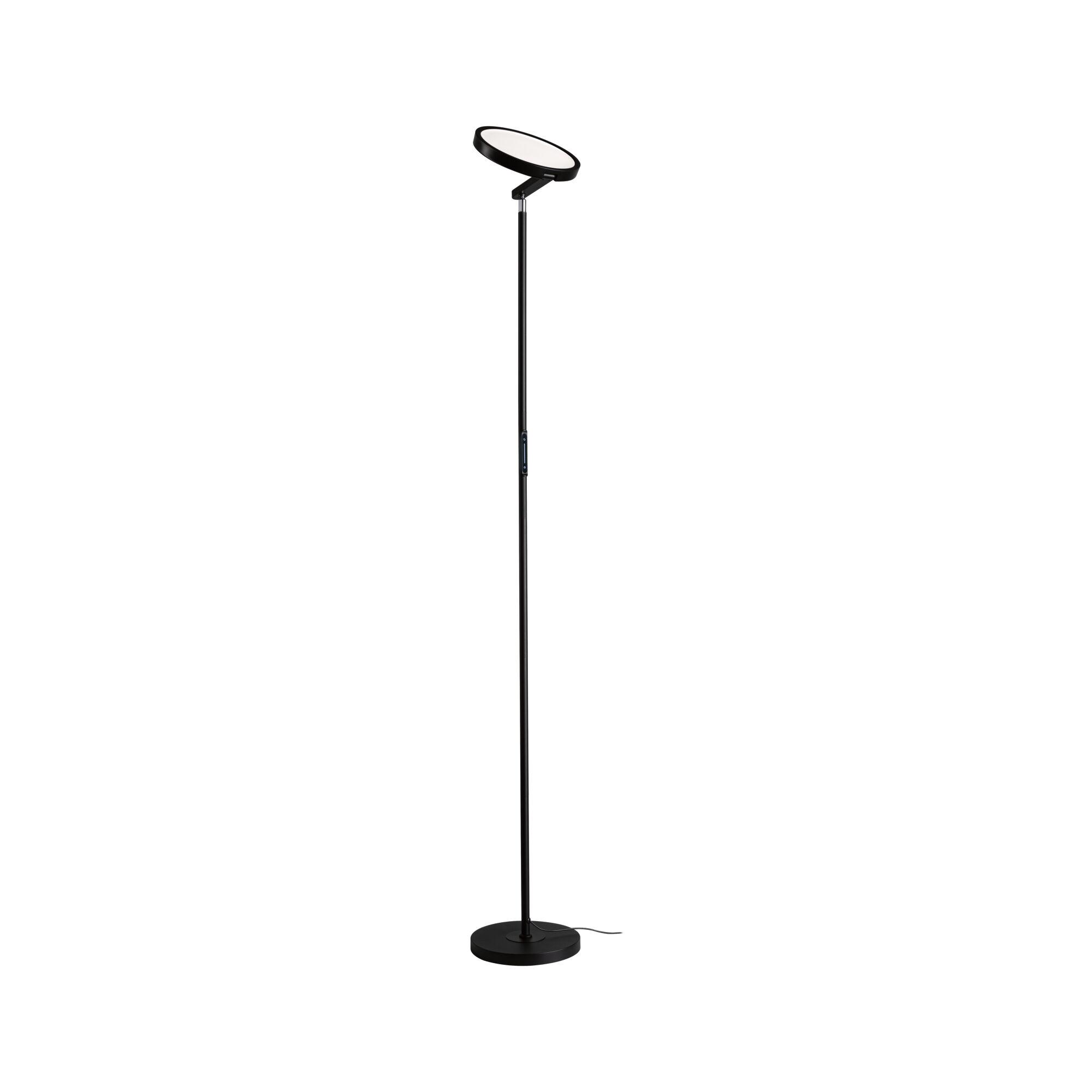 Schwarze Stehleuchte mit rundem LED-Lichtkopf und stabilem Standfuß für modernes Wohnambiente