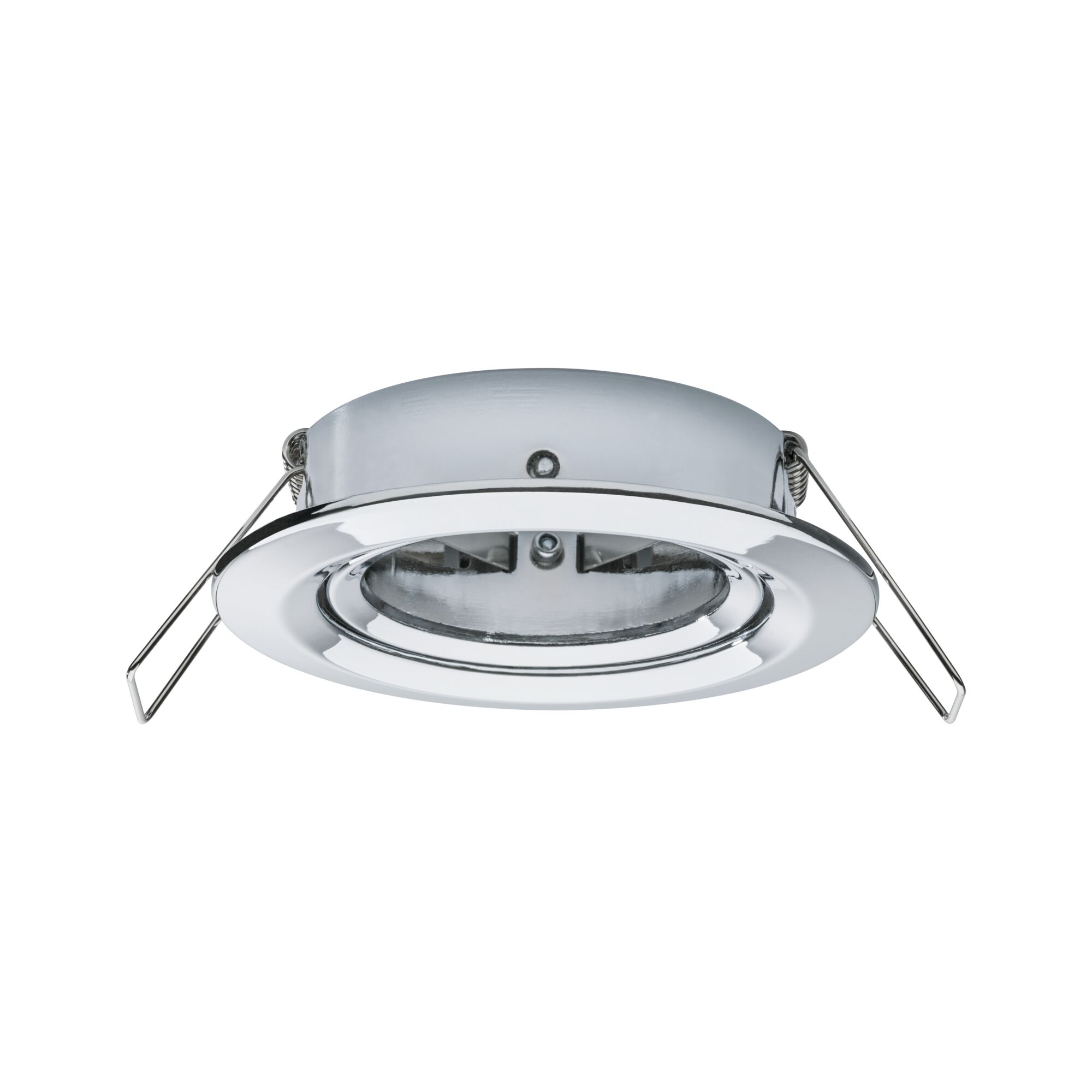 Round recessed spotlight in chrome metal with spring clips for ceiling installation