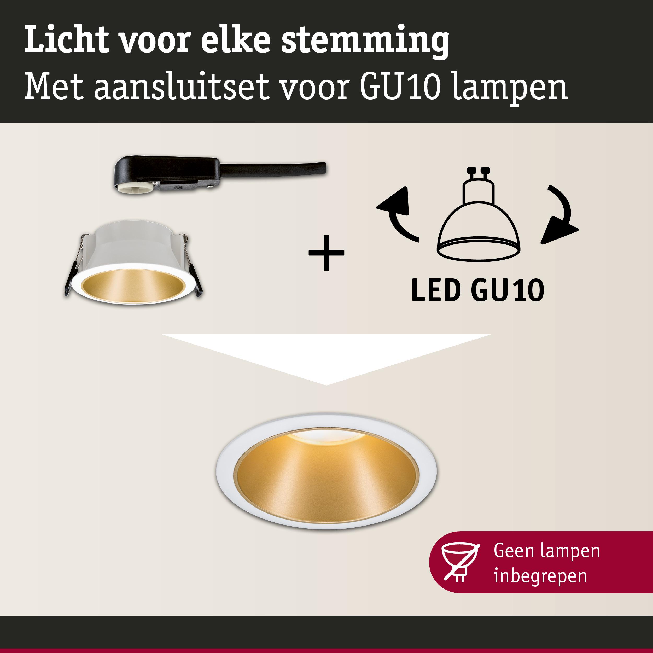 Witte inbouwspot met gouden reflector en GU10 LED aansluitset voor veelzijdige verlichting
