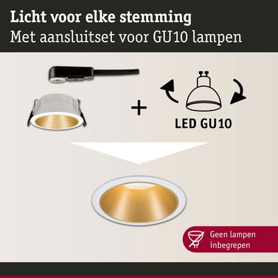 Witte inbouwspot met gouden reflector en GU10 LED aansluitset voor veelzijdige verlichting