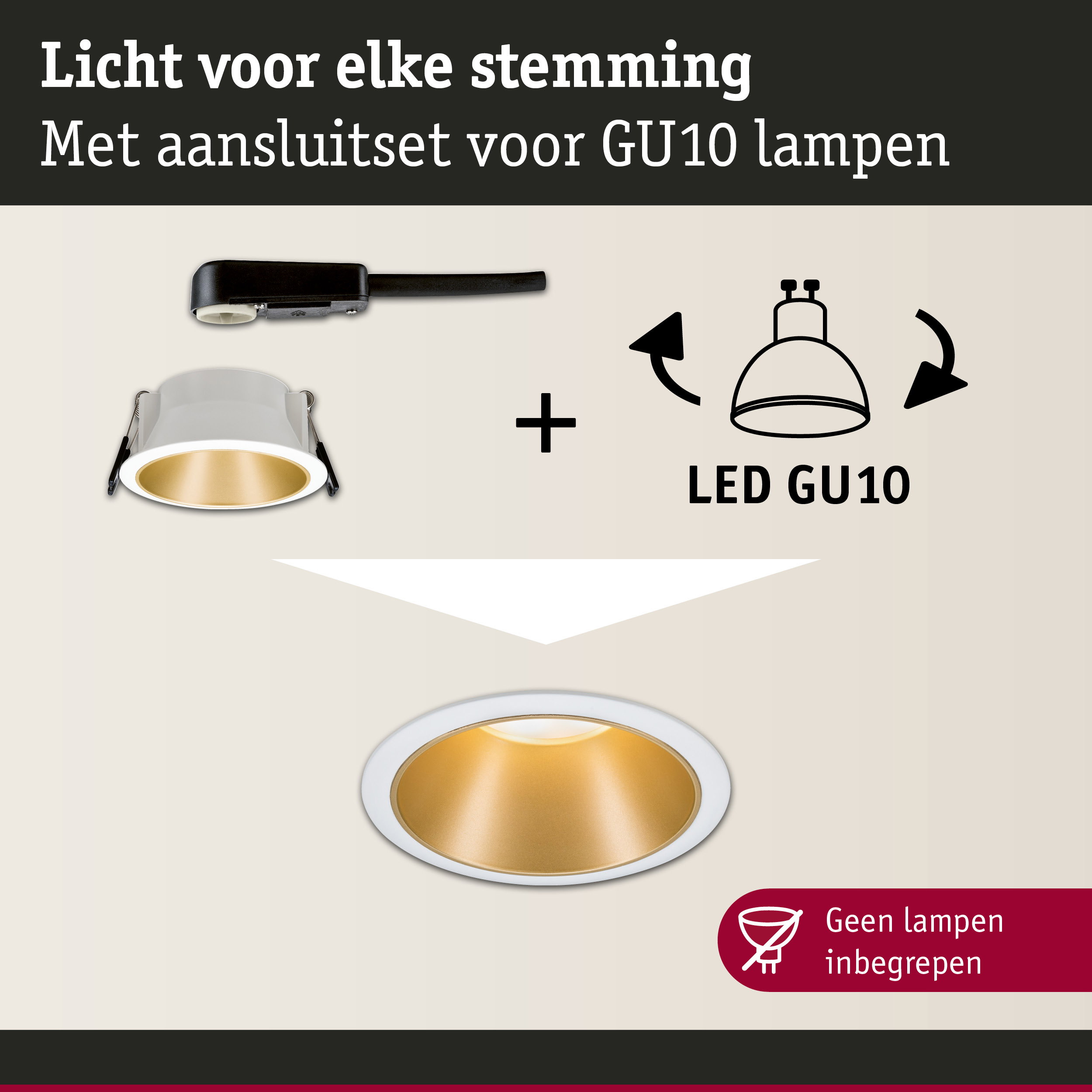 Witte inbouwspot met gouden reflector en aansluitset voor GU10 LED-lampen