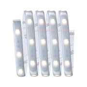 Flexible LED light strip with warm white light and adhesive backing for versatile lighting solutions.
