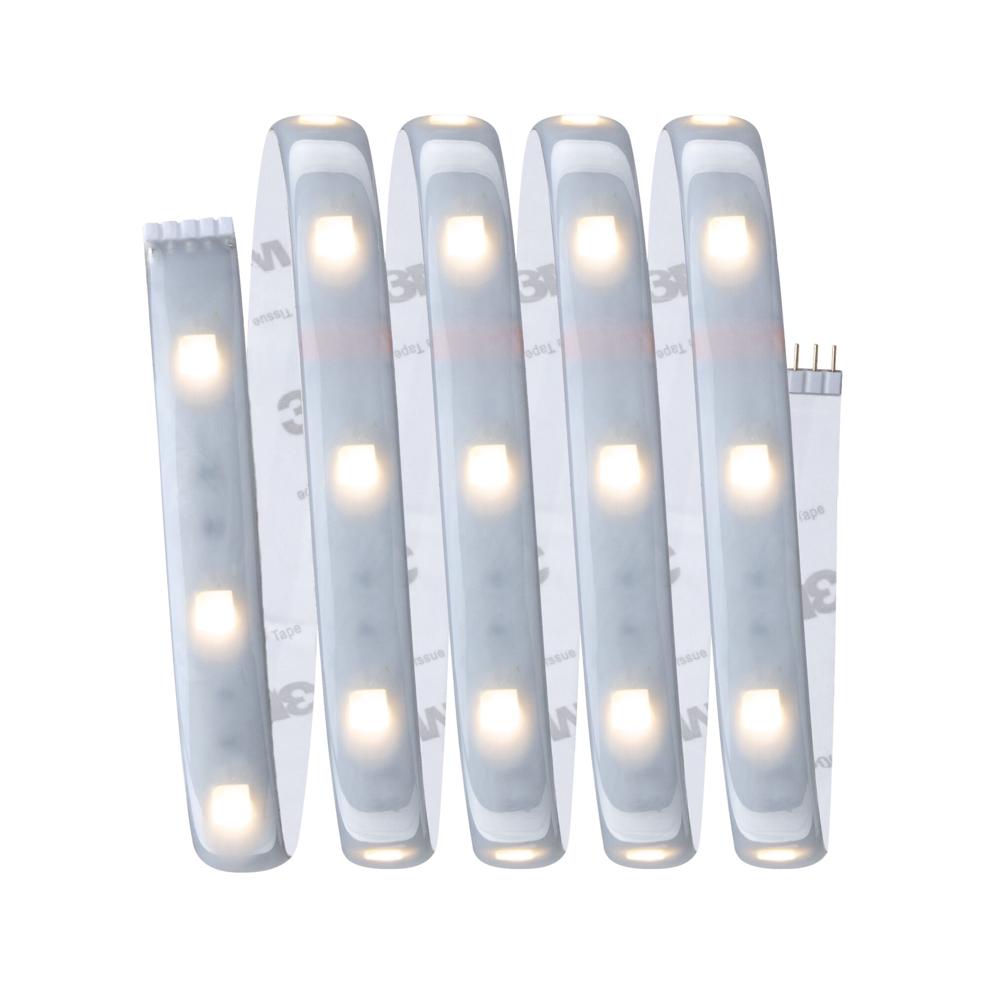 Flexible LED light strip with warm white light and adhesive backing for versatile lighting solutions.