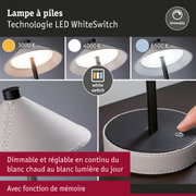 Lampe de table LED à piles dimmable avec interrupteur blanc et réglage de la couleur de lumière 3000K à 6500K