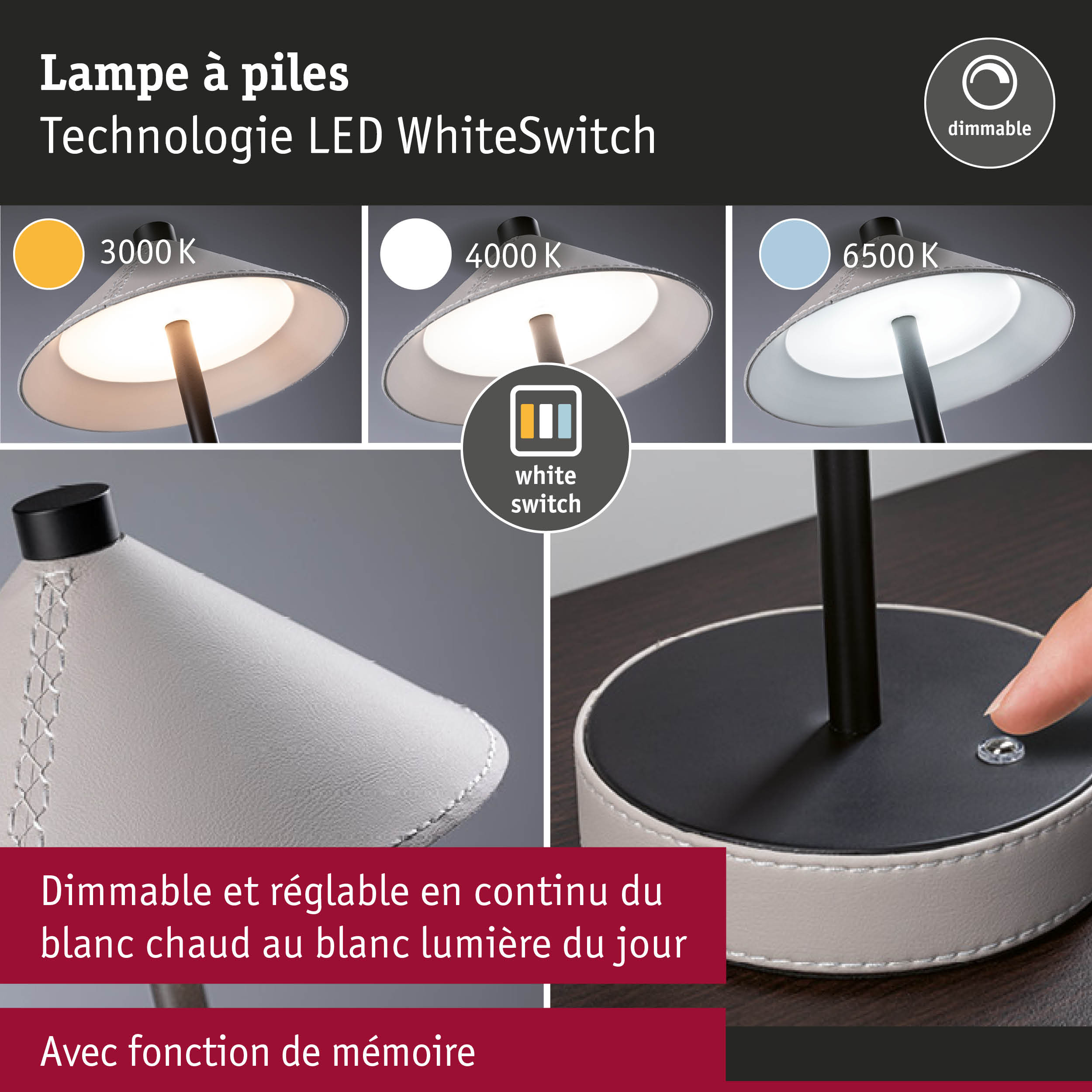 Lampe de table LED à piles dimmable avec interrupteur blanc et réglage de la couleur de lumière 3000K à 6500K