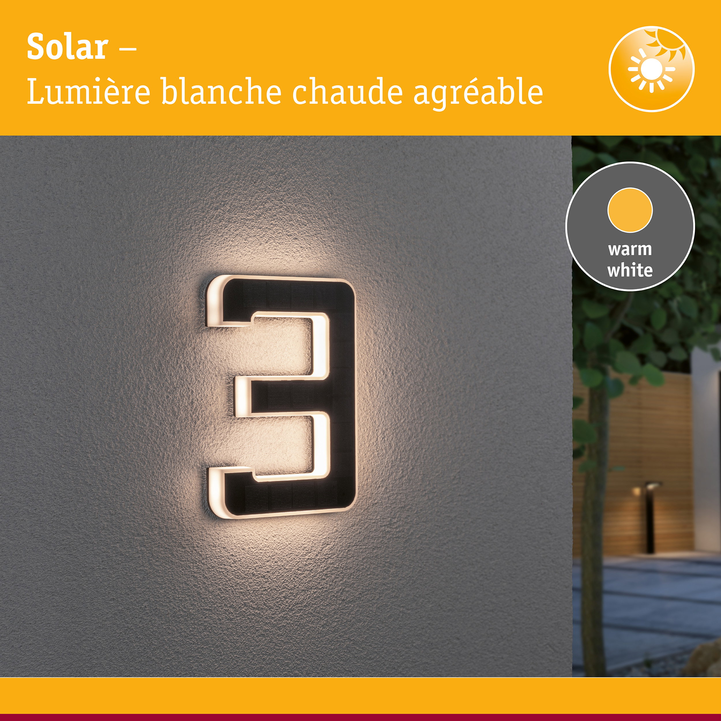 Numéro de maison solaire avec lumière LED blanc chaud fixé sur mur extérieur gris