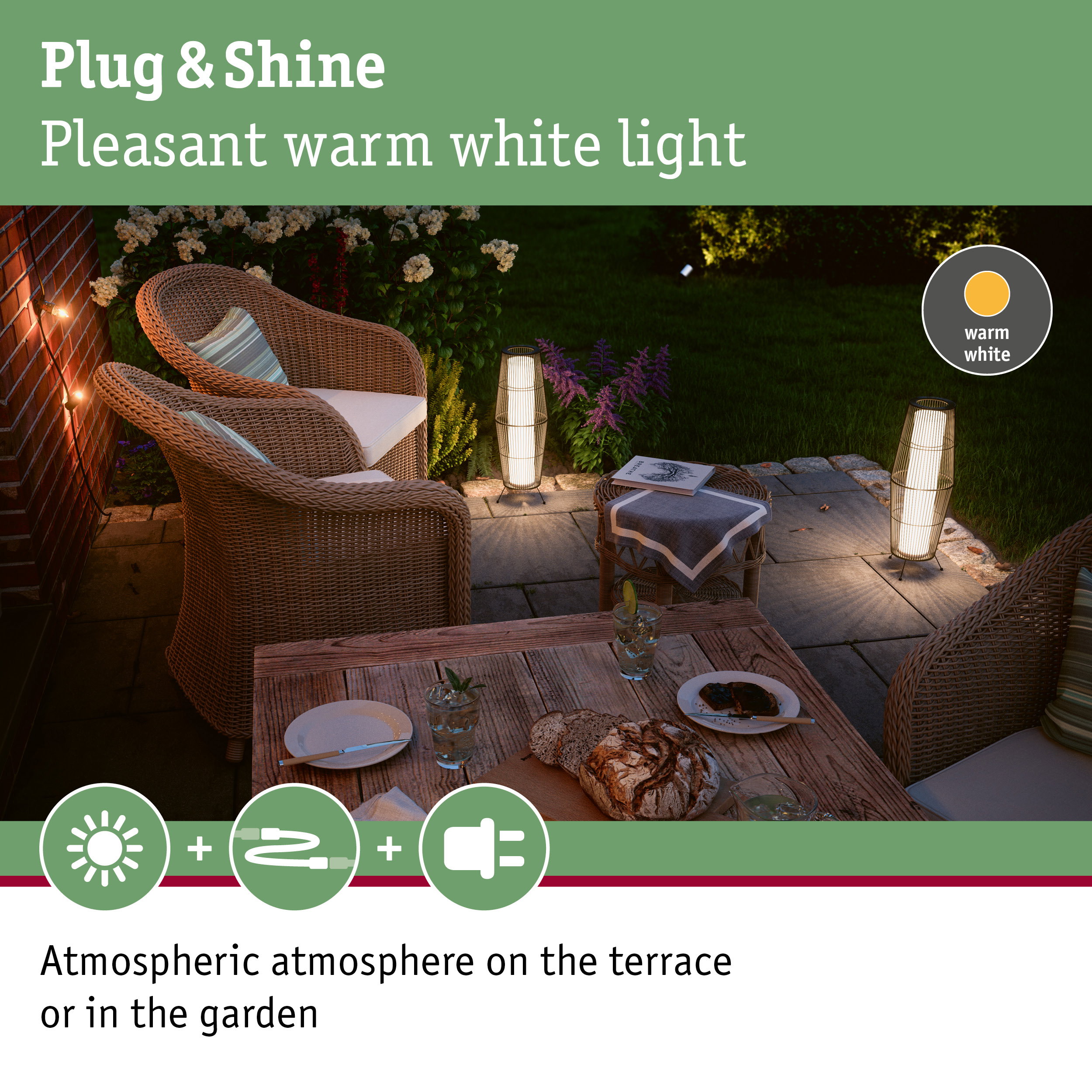 Cozy terrace with warm white Plug & Shine LED outdoor lighting and rattan furniture in garden