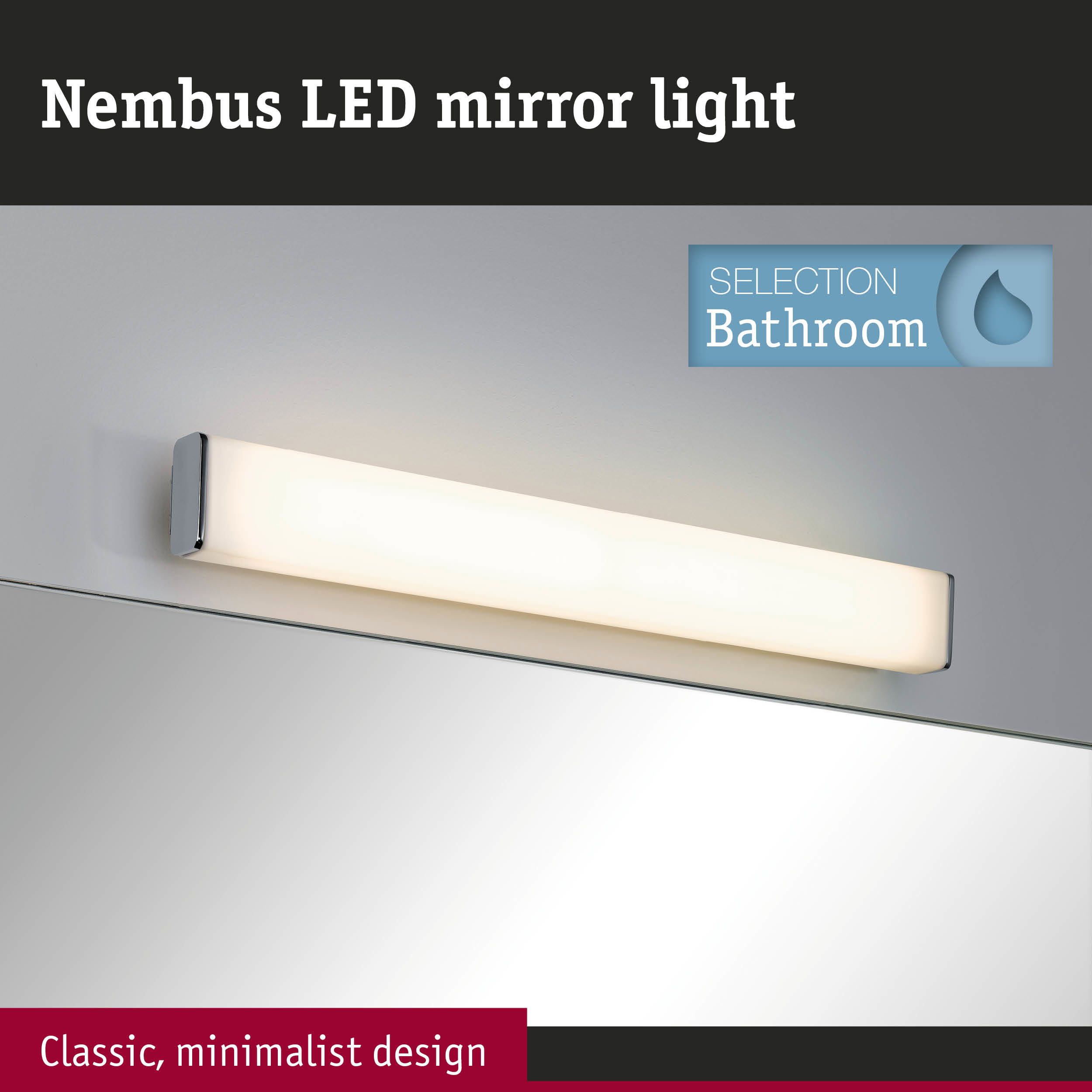 Nembus white LED mirror light with chrome frame for bathroom, classic minimalist design lighting