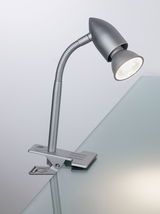 Silver metal LED clip lamp with flexible neck for desk lighting and reading