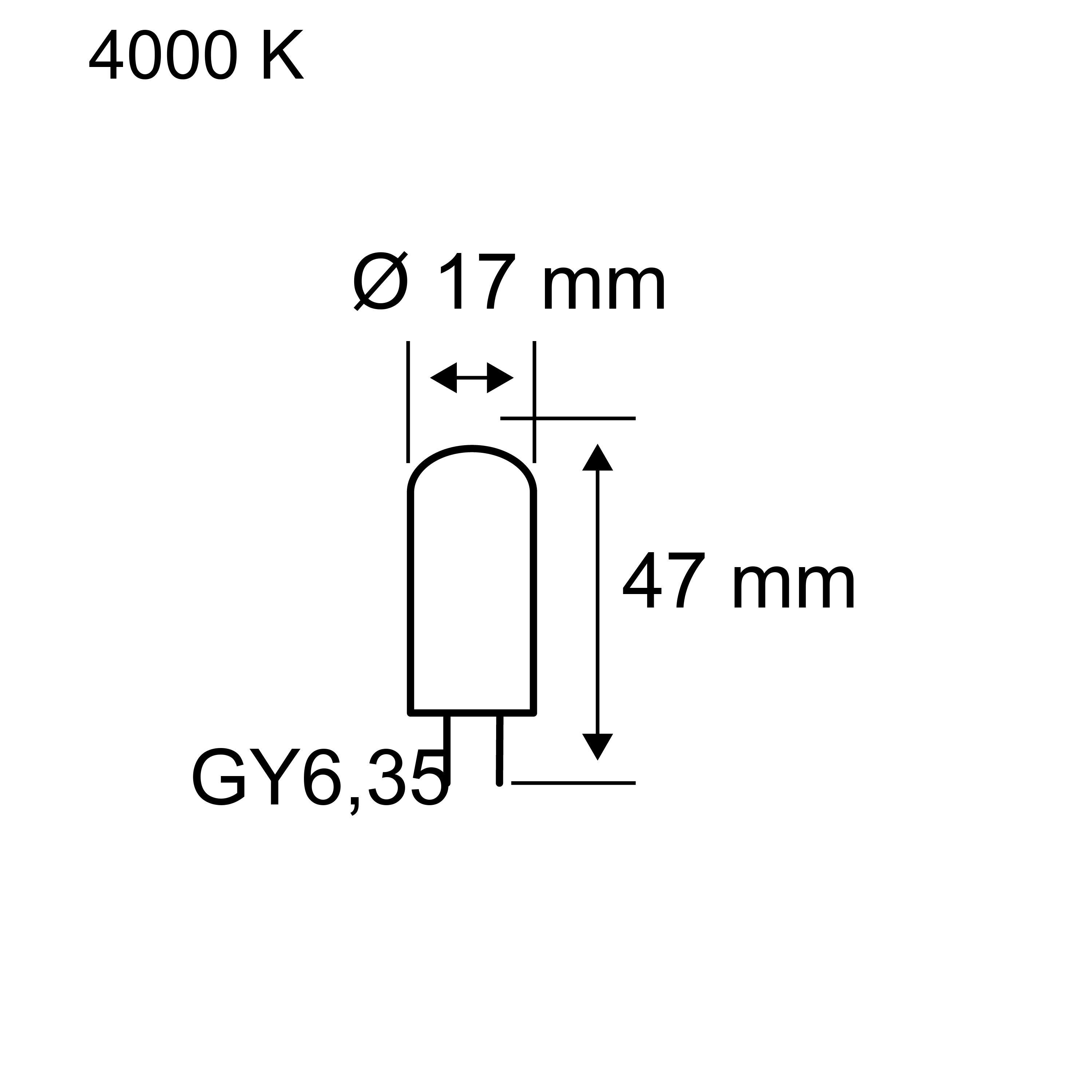 Technische tekening van GY6,35 lamp met 17 mm diameter en 47 mm lengte, kleurtemperatuur 4000 K.