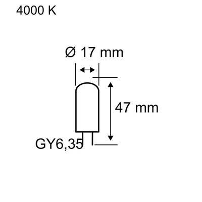 Technische Zeichnung einer GY6,35 Lampe mit 17 mm Durchmesser und 47 mm Länge bei 4000 K Lichtfarbe.