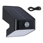 Black solar wall light with motion sensor and USB charging cable, weatherproof outdoor lighting