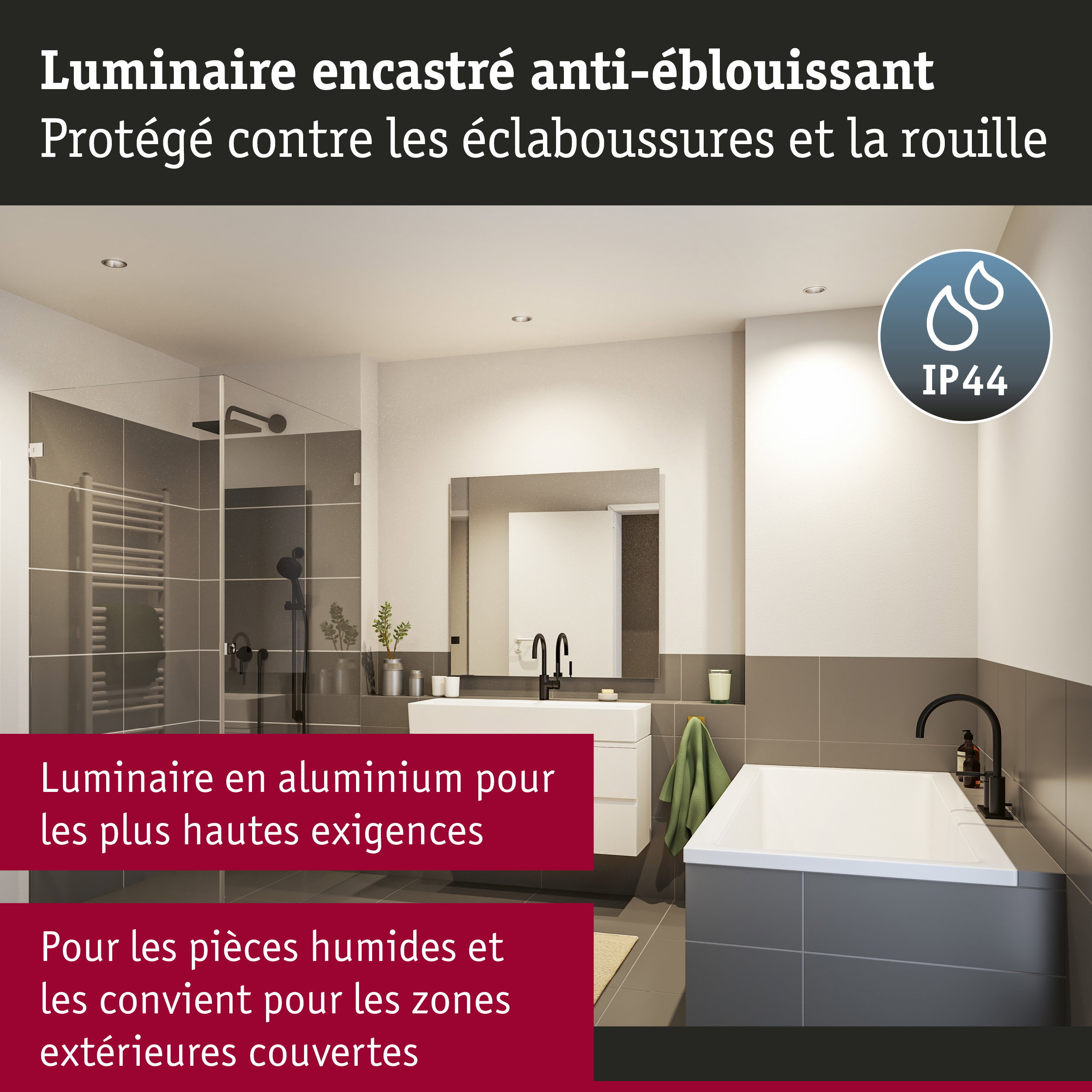 Salle de bain moderne avec carrelage gris et robinetterie noire, spots LED encastrés au plafond