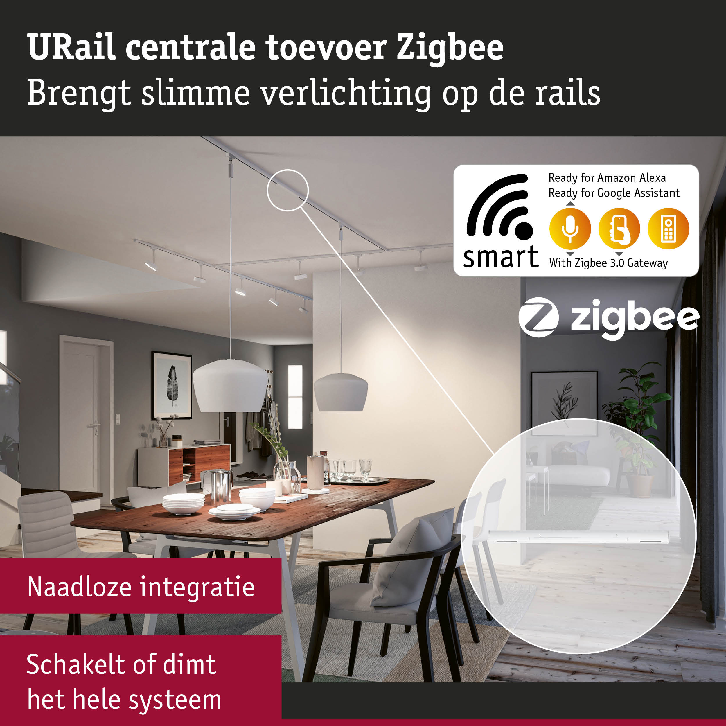 Moderne woonkamer met slimme Zigbee URail railsysteem en geïntegreerde slimme verlichting
