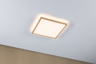 Quadratische LED-Deckenleuchte mit Holzrahmen in Naturfarbe für modernes Wohnambiente