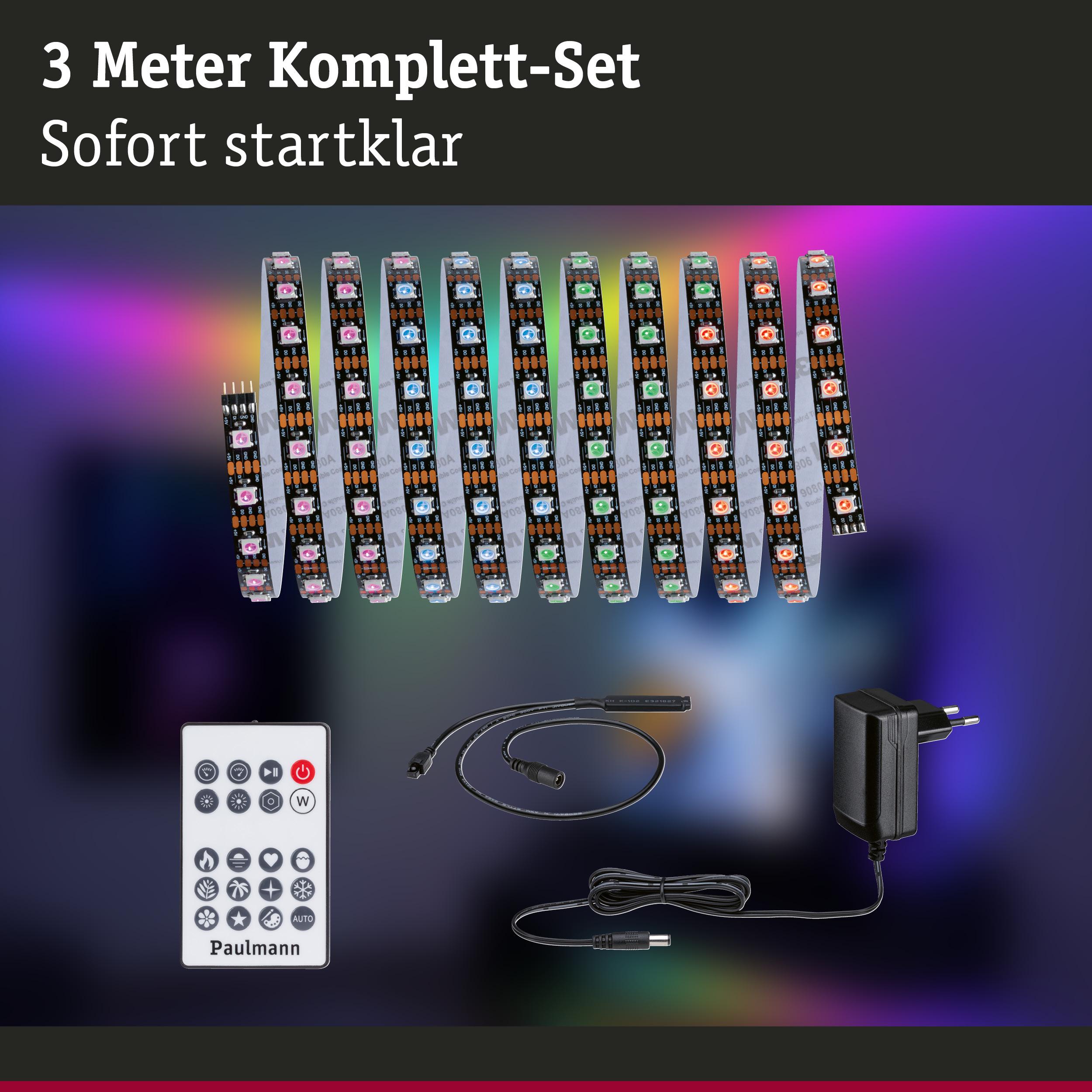 3 Meter LED-Lichtband Komplett-Set mit Fernbedienung, Netzteil und Anschlusskabel für bunte Beleuchtung