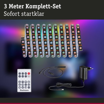 3 Meter LED-Lichtband Komplett-Set mit Fernbedienung, Netzteil und Anschlusskabel für bunte Beleuchtung