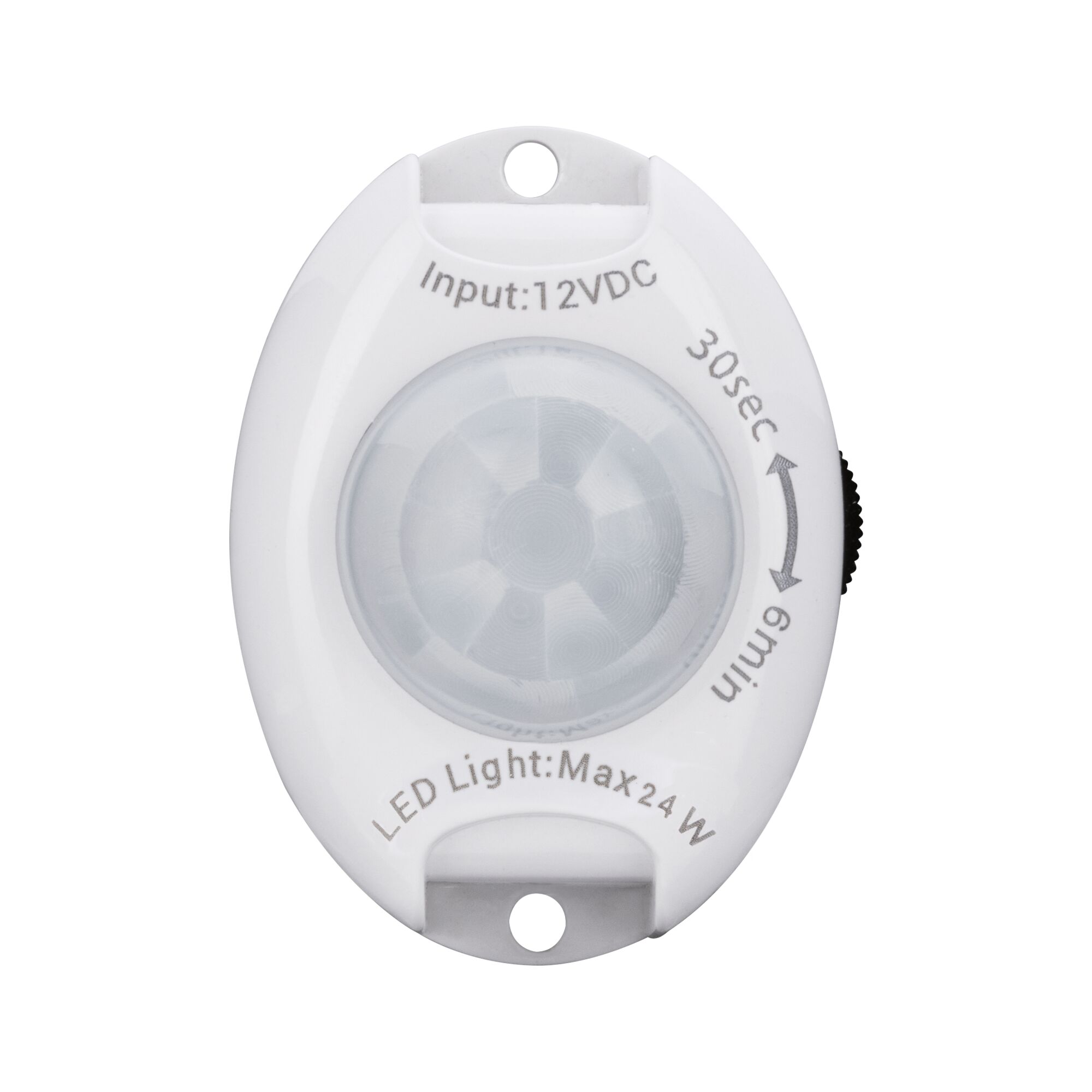 White plastic LED motion sensor with 12V DC input and max 24W power for lighting control