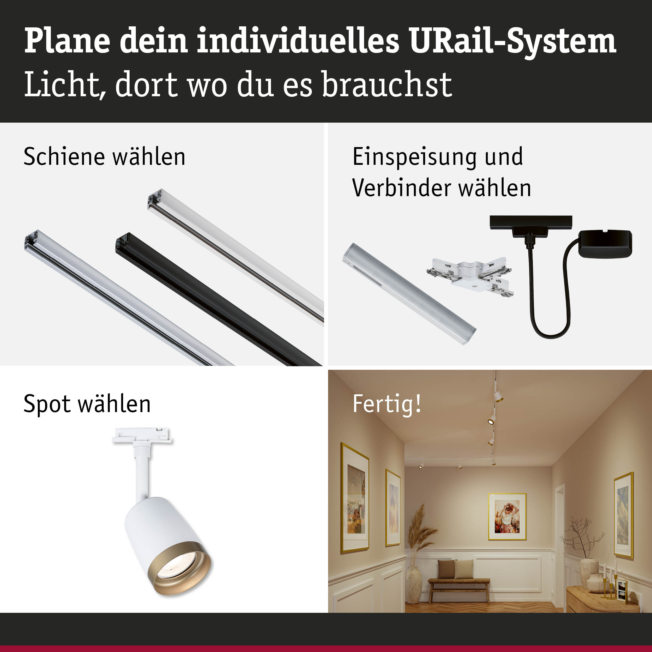 Modulares URail-Schienensystem in Schwarz und Weiß mit Spots für individuelle Lichtplanung