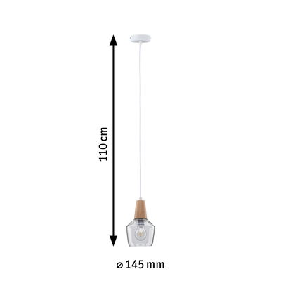 Hanglamp met hout en helder glas, 110 cm lang, 145 mm diameter, moderne LED hanglamp