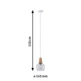 Pendant lamp with wood and clear glass, 110 cm length, 145 mm diameter, modern LED hanging light