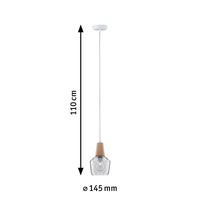 Pendant lamp with wood and clear glass, 110 cm length, 145 mm diameter, modern LED hanging light