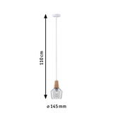 Pendant lamp with wood and clear glass, 110 cm length, 145 mm diameter, modern LED hanging light