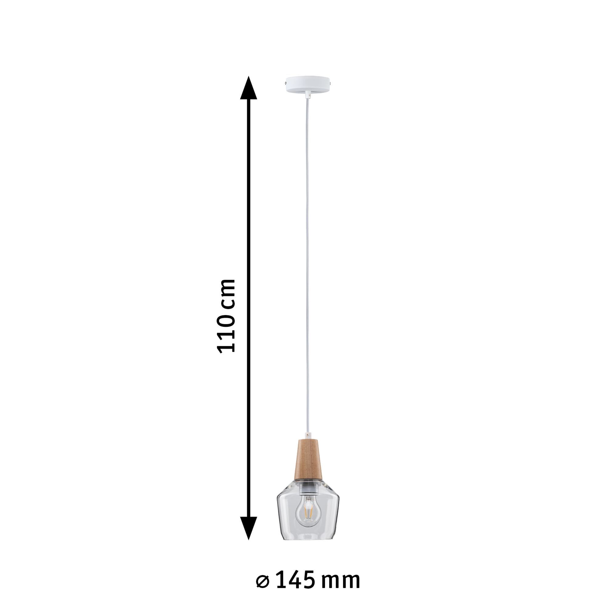 Lampa wisząca z drewna i przezroczystego szkła, długość 110 cm, średnica 145 mm, nowoczesna lampa wisząca