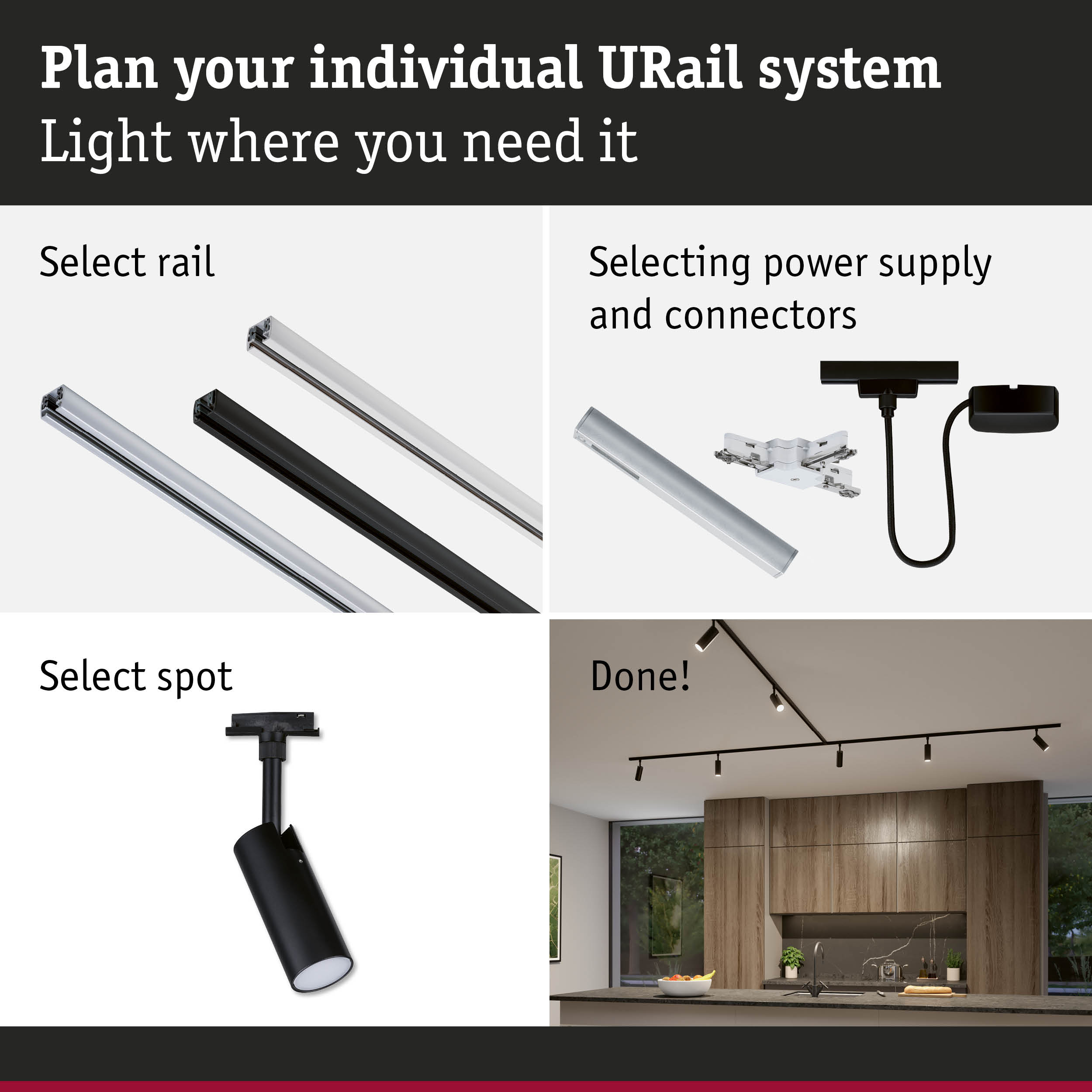 Modular URail track system with black and white rails, power supply, and spotlights for flexible lighting