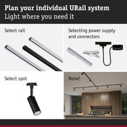 Modular URail track system with black and white rails, power supply, and spotlights for flexible lighting