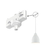 White plastic adapter for track lighting system with hanging pendant lamp, lighting accessory