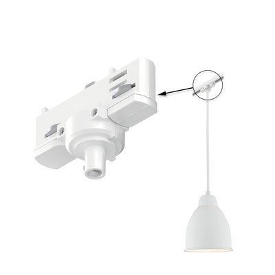 White plastic adapter for track lighting system with hanging pendant lamp, lighting accessory