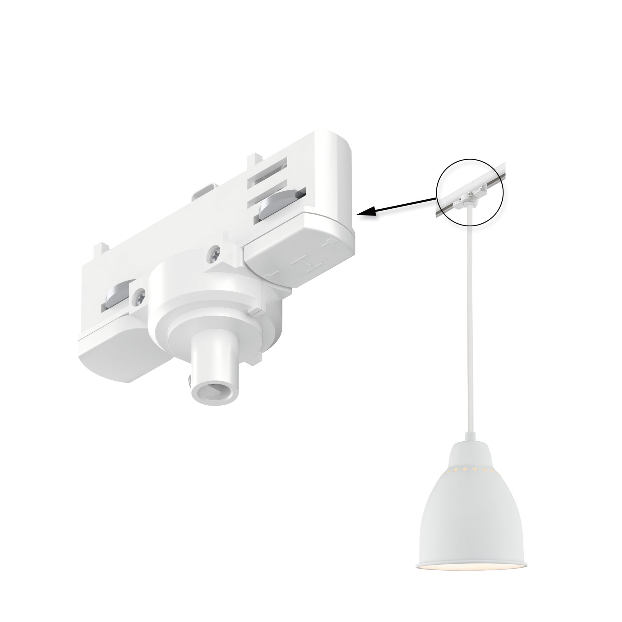ProRail3 Pendant adapters Universal max. 1150W 230V White White plastic lamp connector with rail and pendant light for modern indoor lighting setup