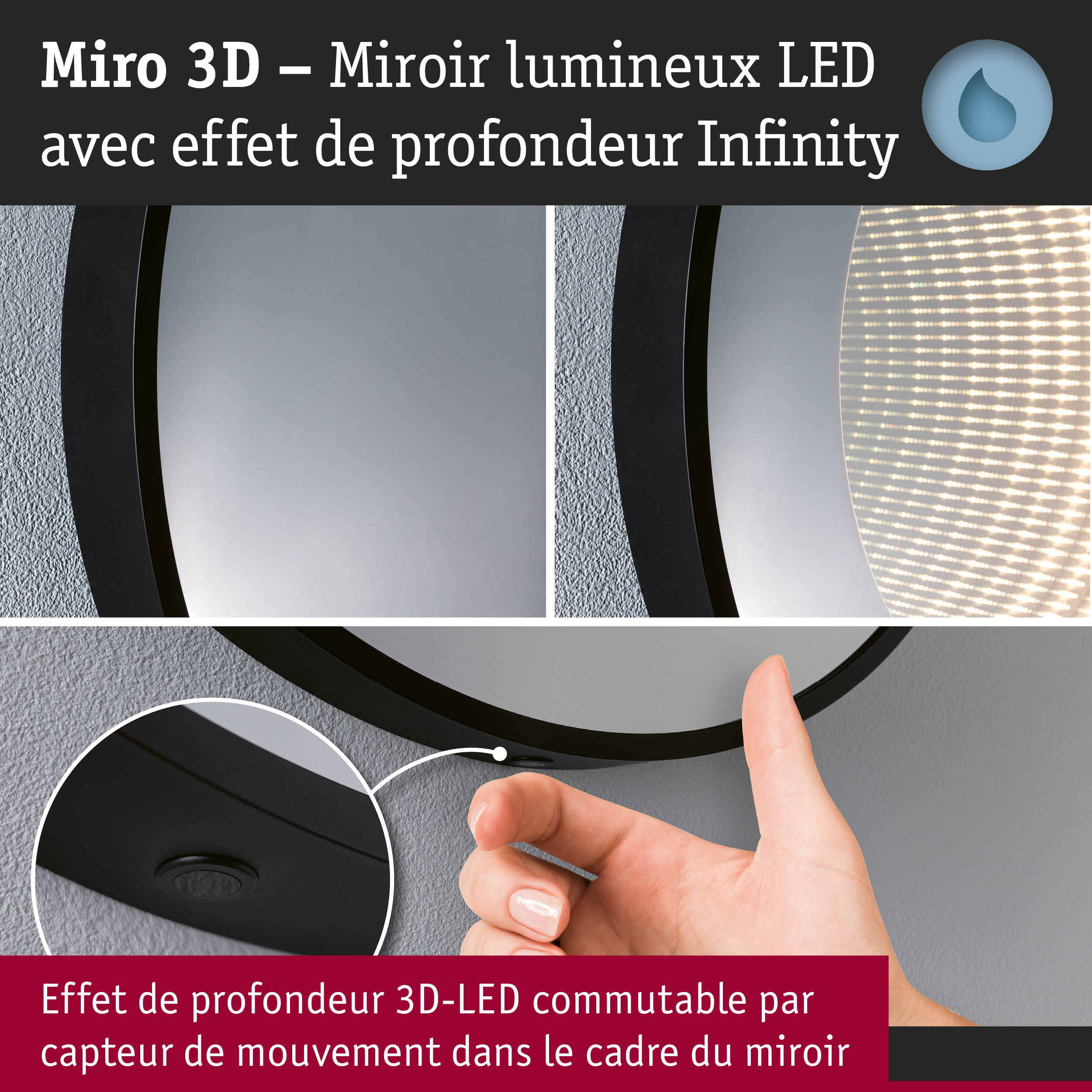Miro 3D miroir LED avec cadre noir et effet de profondeur 3D, capteur de mouvement pour éclairage
