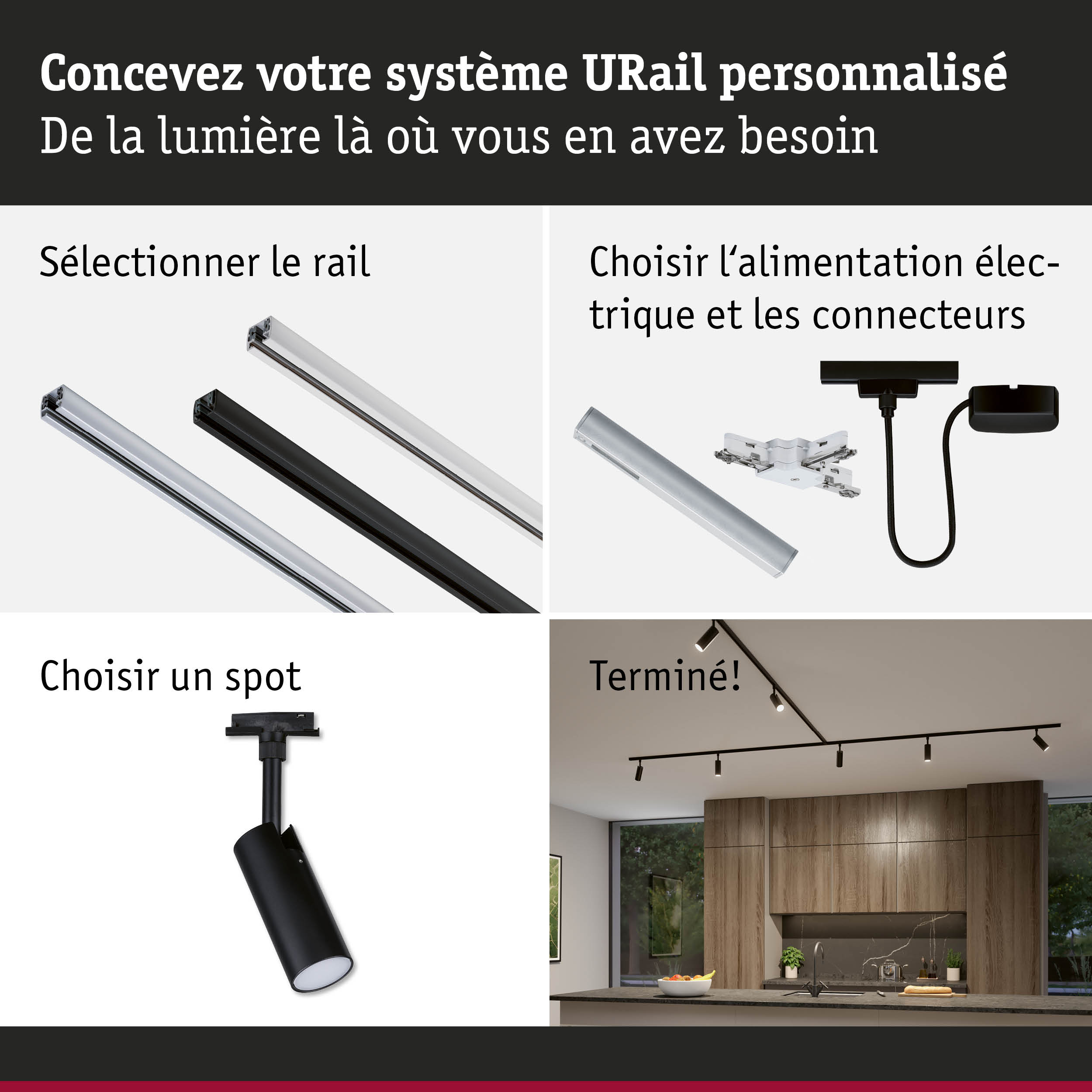 Système de rail URail modulaire avec rails noirs et blancs et spots LED pour éclairage personnalisable