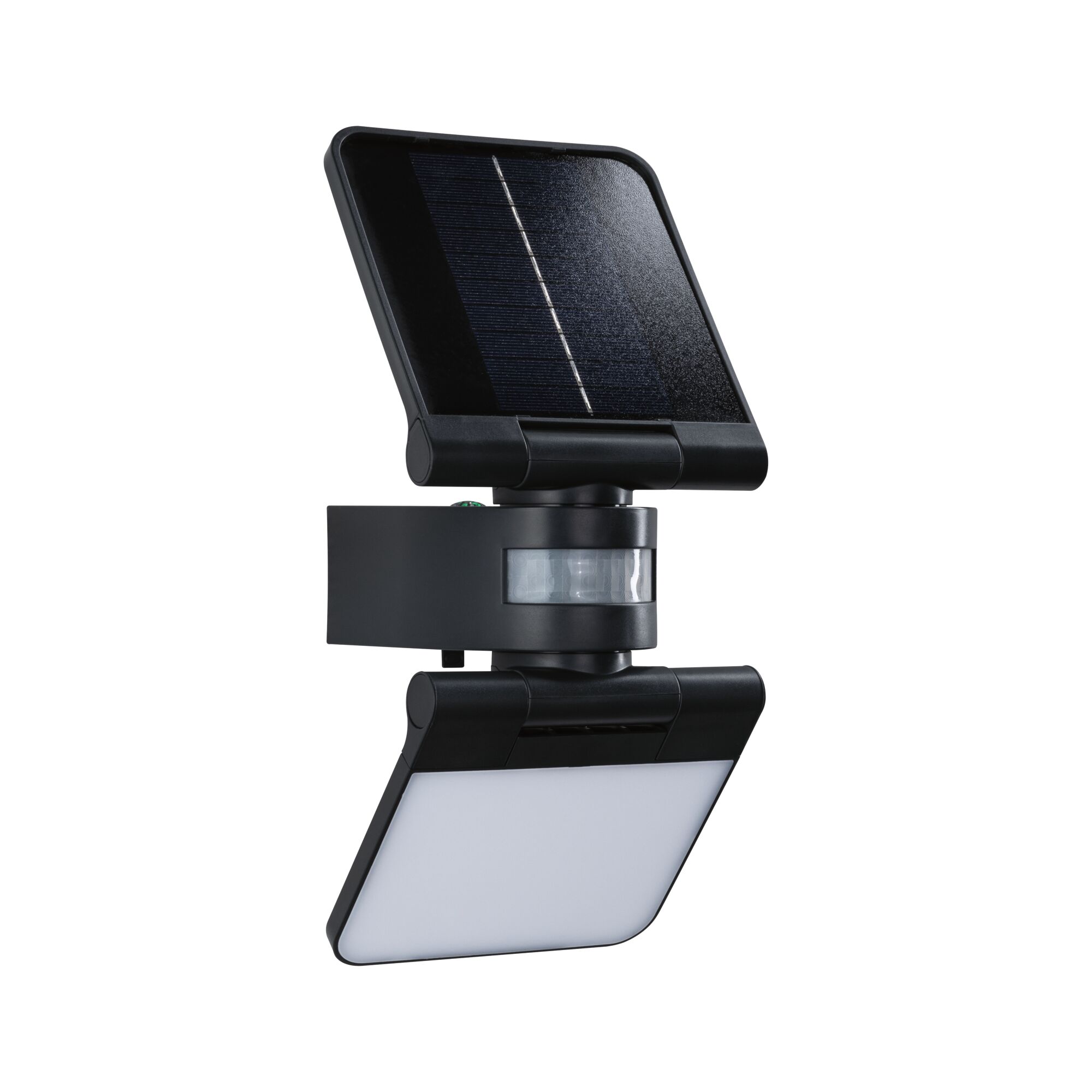 Black solar light with motion sensor and white LED panel for energy-saving outdoor lighting